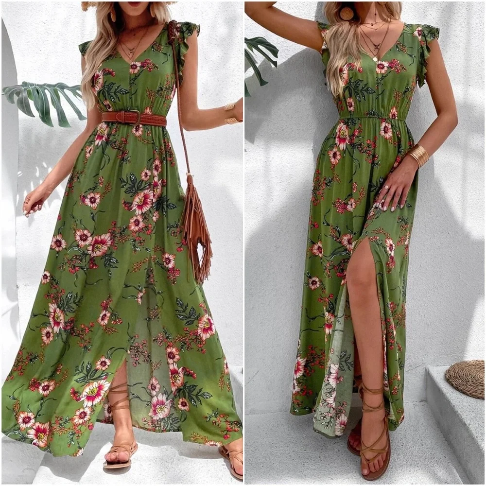 Boho Floral Print Butterly Sleeve Maxi Dress - Picture 2 of 7